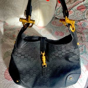 Gucci Jackie Style # 120888-002122 Black Canvas Leather Hobo 13"L x 2"W x 9"